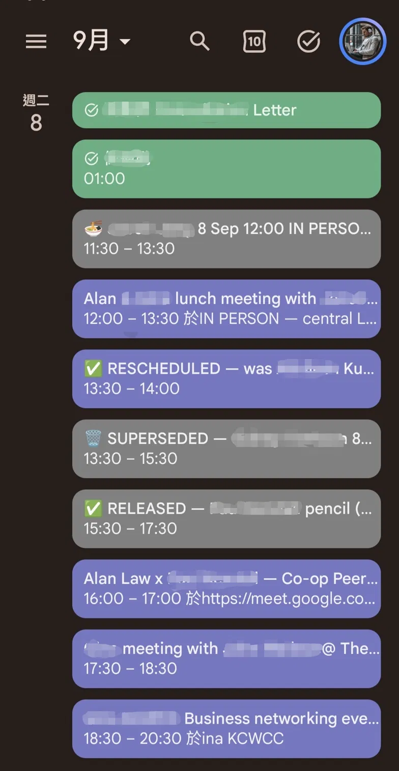 A day in Google Calendar showing a lunch meeting, a rescheduled slot, a superseded booking, a released hold, an afternoon video call and an evening networking event — all arranged by Axia, with contact names redacted