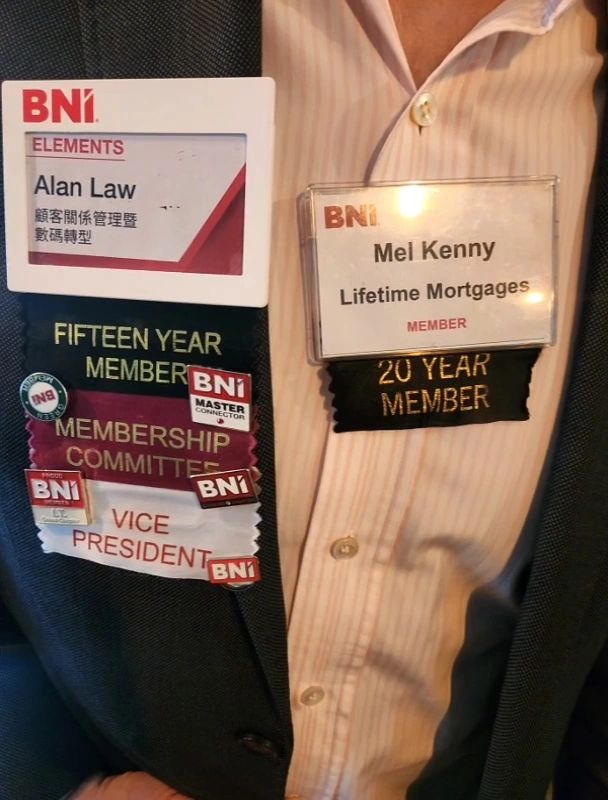 BNI member badges worn at the meeting: Fifteen Year Member, Vice President, Membership Committee, Master Connector