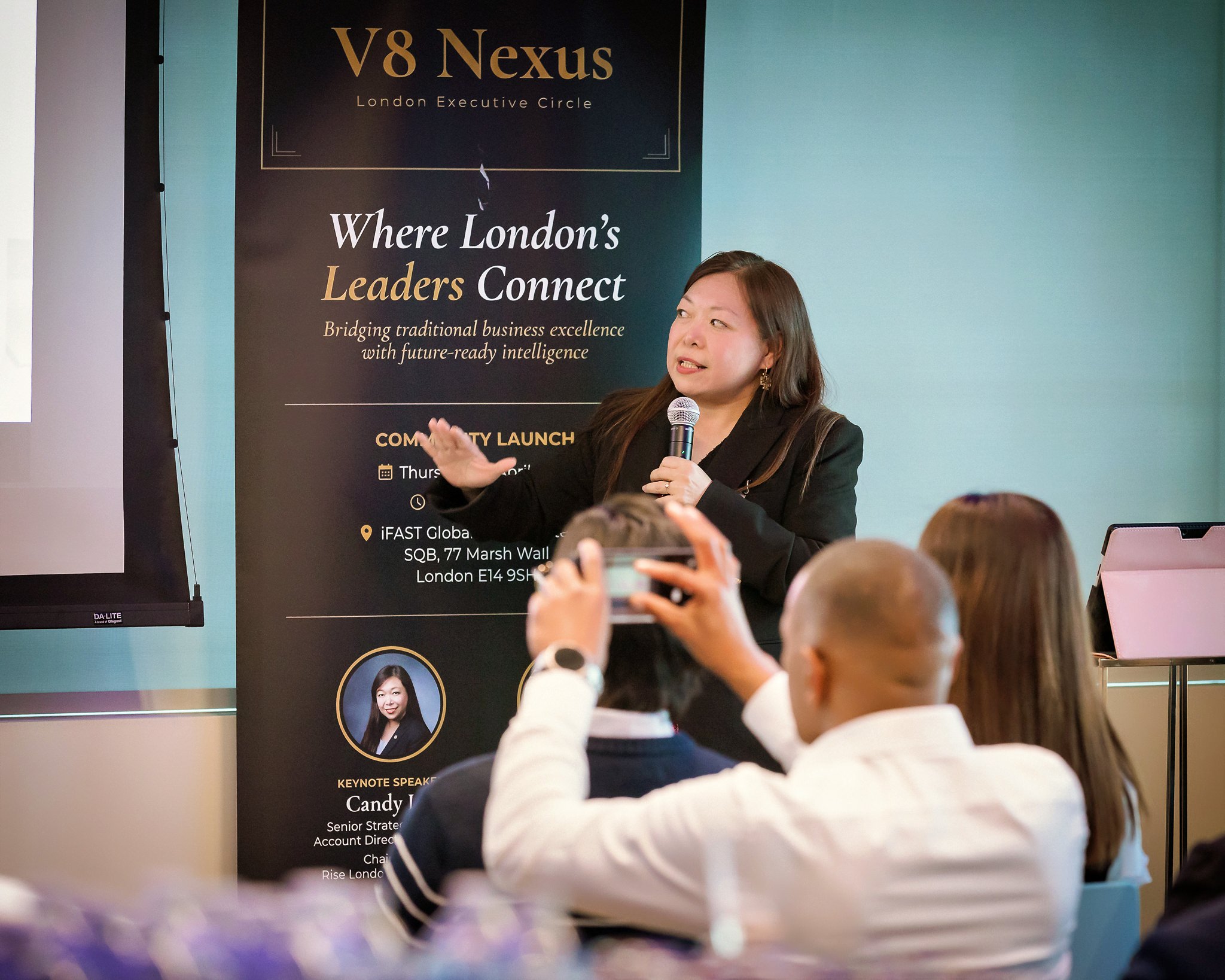 Candy Liu delivering the keynote on AI for enterprises and SMEs at V8 Nexus launch, London