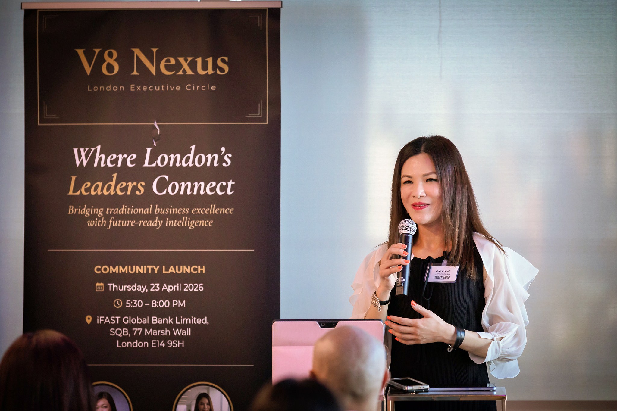 Gina Cheng welcoming guests at the V8 Nexus launch event in London, 23 April 2026