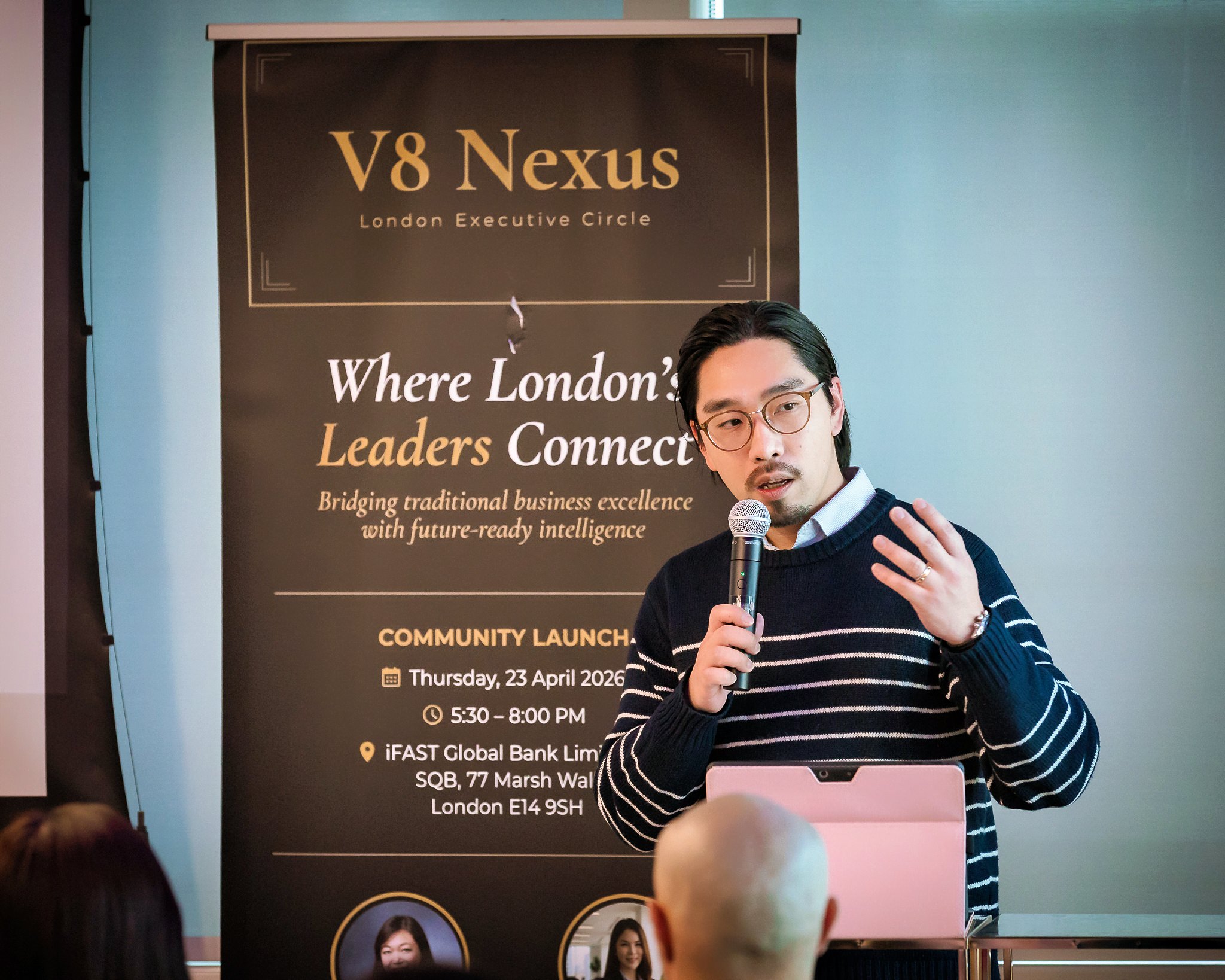 Steve from iFAST Global Bank delivering the sponsor address at V8 Nexus launch event