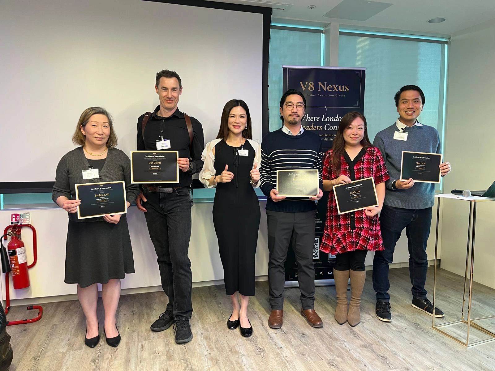 V8 Nexus launch gathering at iFAST Global Bank, London Canary Wharf, April 2026 — executives gathered for an evening of curated introductions and AI briefings